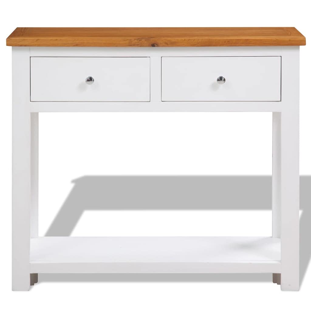 Brown Solid Oak and Acacia Wood Console Table with 2 Drawers and Storage Shelf D4442