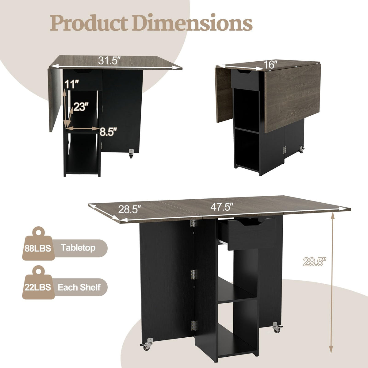 Drop Leaf Dining Table with Open Shelves & Drawer A1743