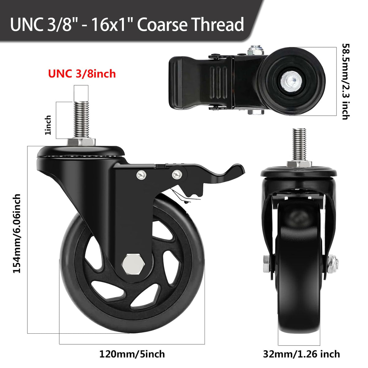 5 Inch Swivel Threaded Stem Casters Set of 4 Heavy Duty 2400lbs Black P828