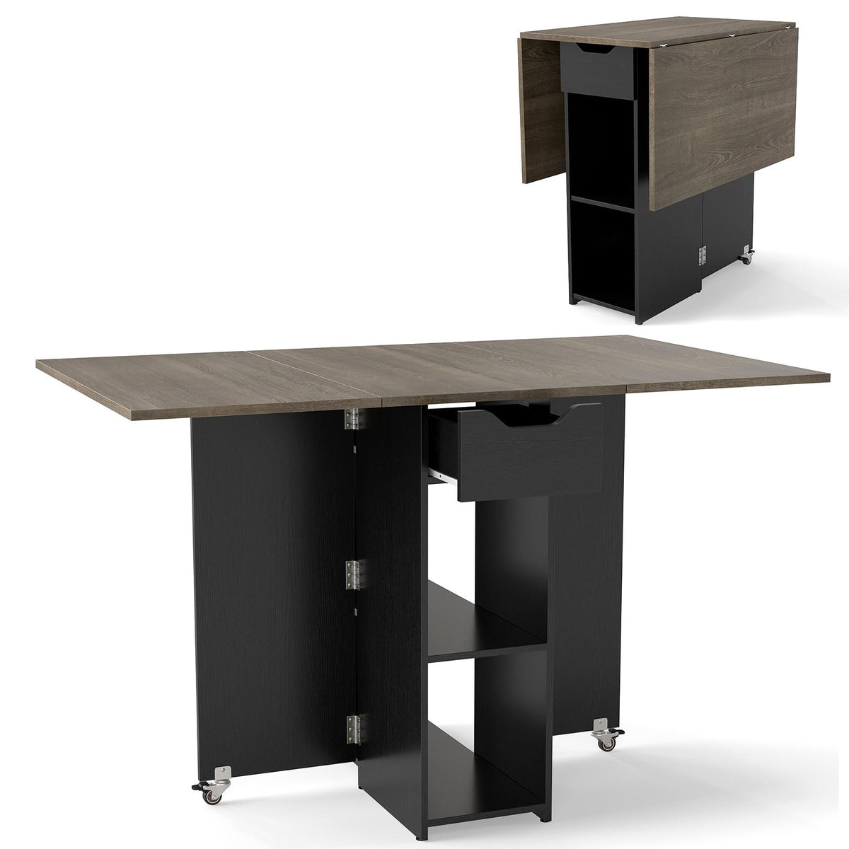 Drop Leaf Dining Table with Open Shelves & Drawer A1743