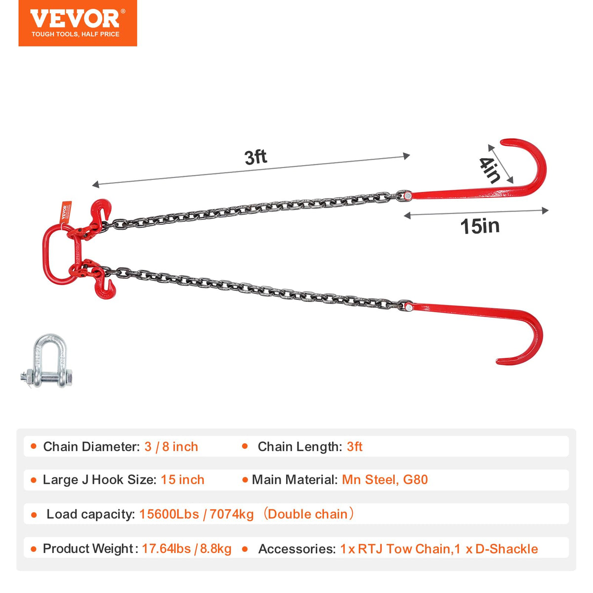 3/8" x 3' G80 V Bridle Towing Chain with J Hooks and Grab Hooks O570934