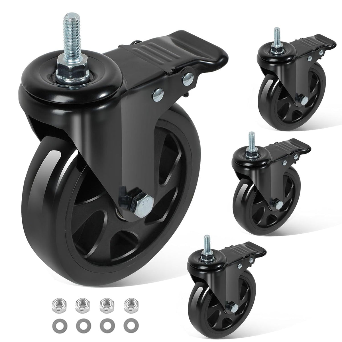 5 Inch Swivel Threaded Stem Casters Set of 4 Heavy Duty 2400lbs Black P828