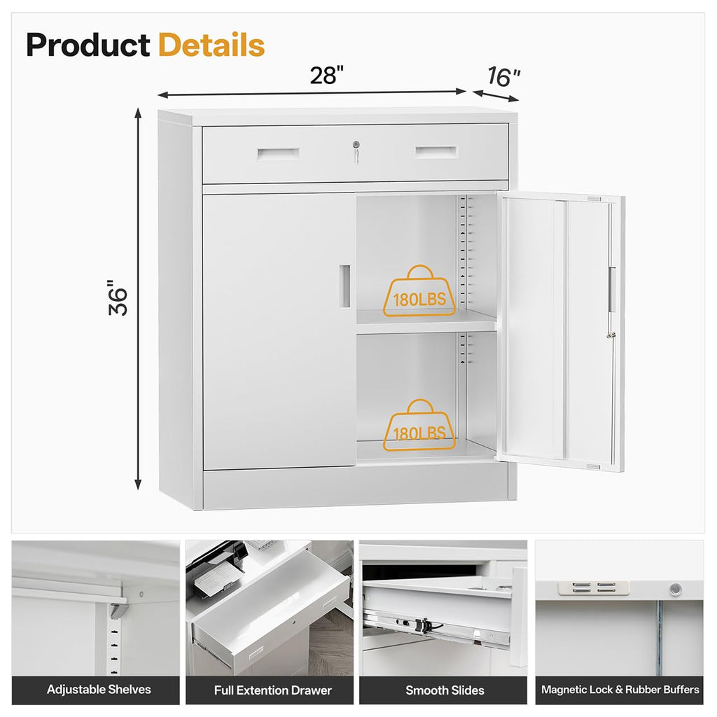 White Steel Lockable Storage Cabinet with Drawer and Adjustable Shelves A59060