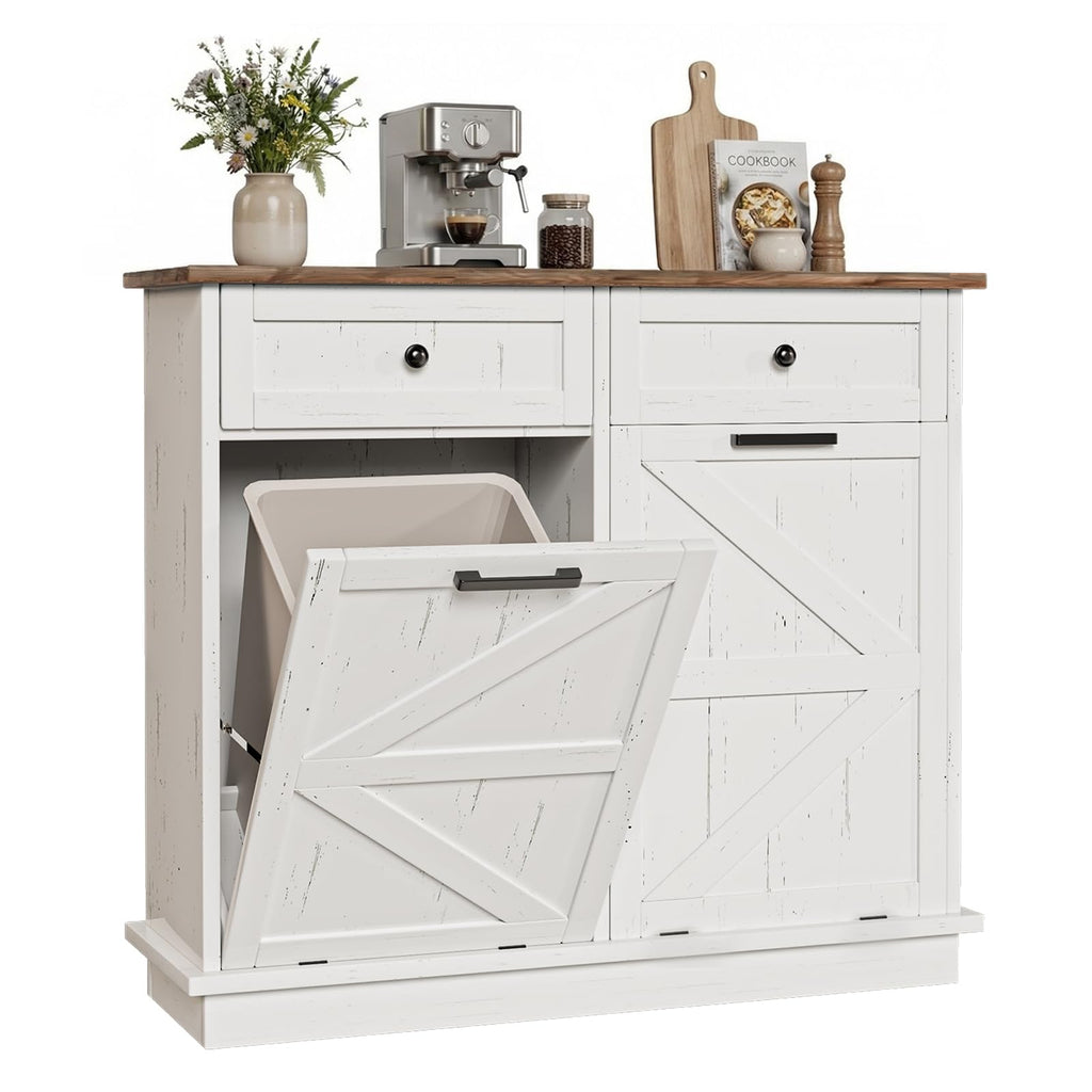 Brown White Double Tilt Out Trash Cabinet with Drawers L4795