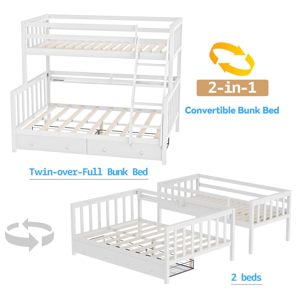 Solid Wood Bunk Bed with Charging Station and LED Lights Twin Over Full with 2 Storage Drawers E276702
