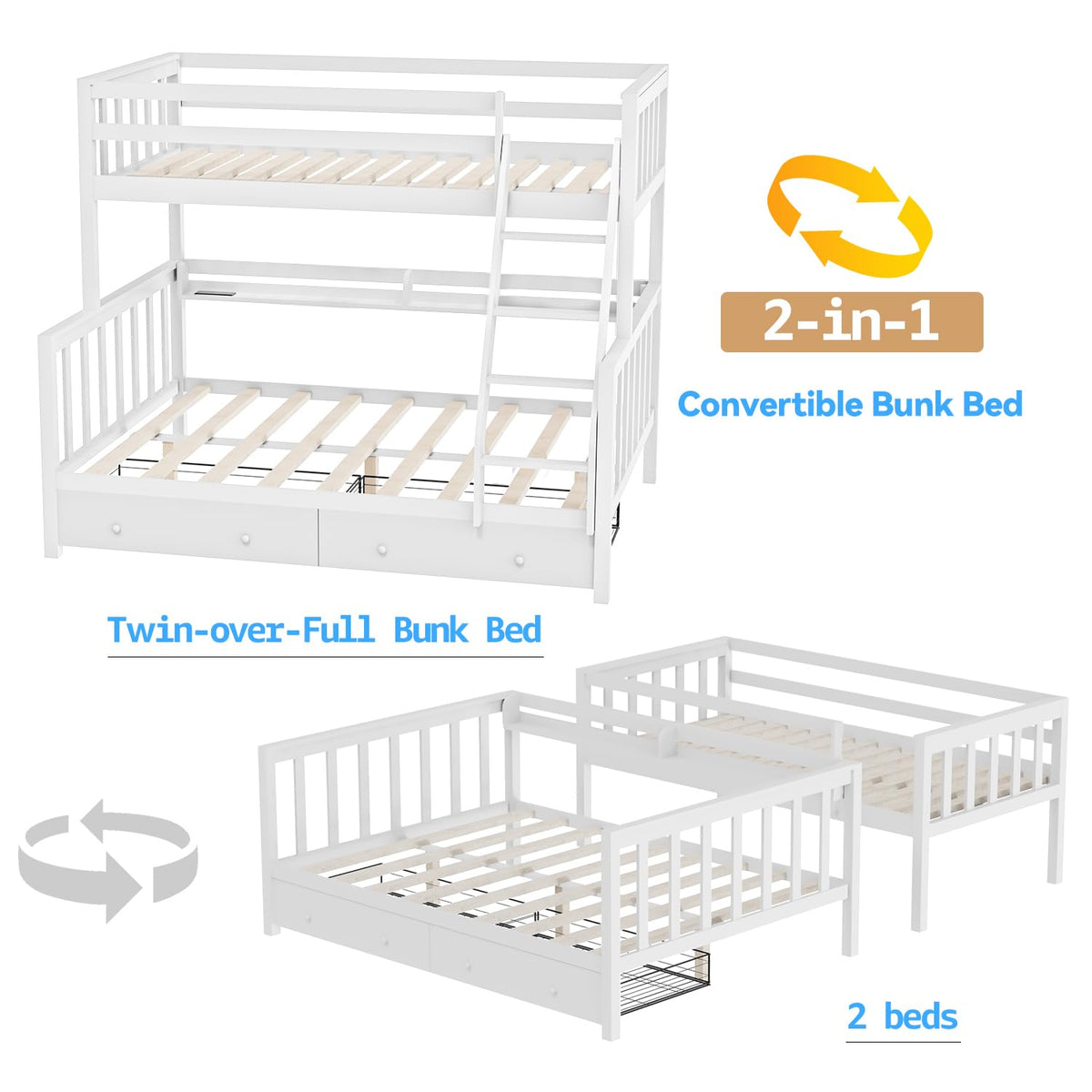 Solid Wood Bunk Bed with Charging Station and LED Lights Twin Over Full with 2 Storage Drawers E276702