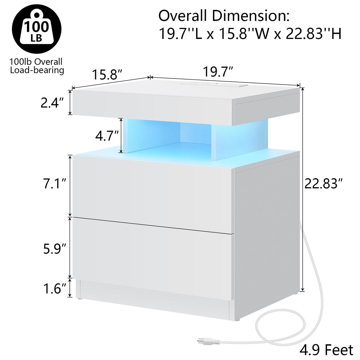 White High Gloss 2 Drawer Nightstand with LED Light H479