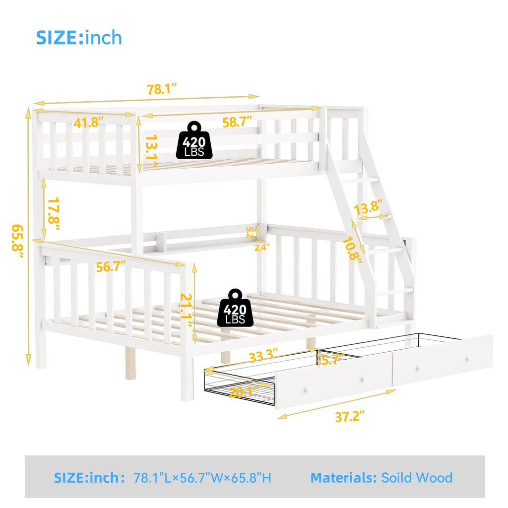 Solid Wood Bunk Bed with Charging Station and LED Lights Twin Over Full with 2 Storage Drawers E276702