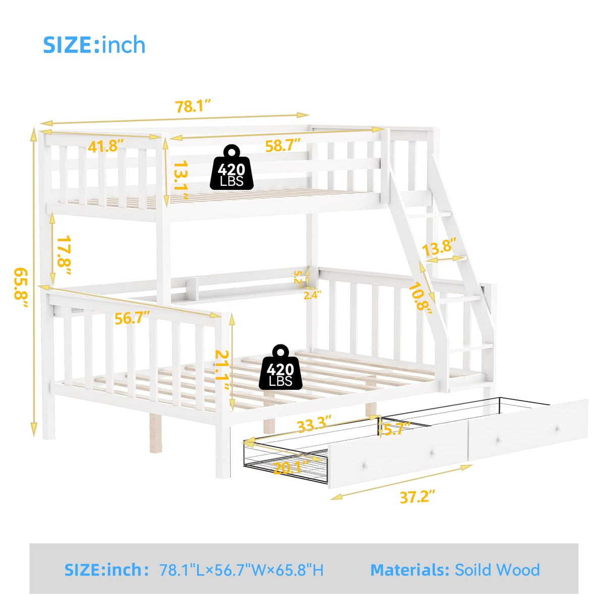 Solid Wood Bunk Bed with Charging Station and LED Lights Twin Over Full with 2 Storage Drawers E276702