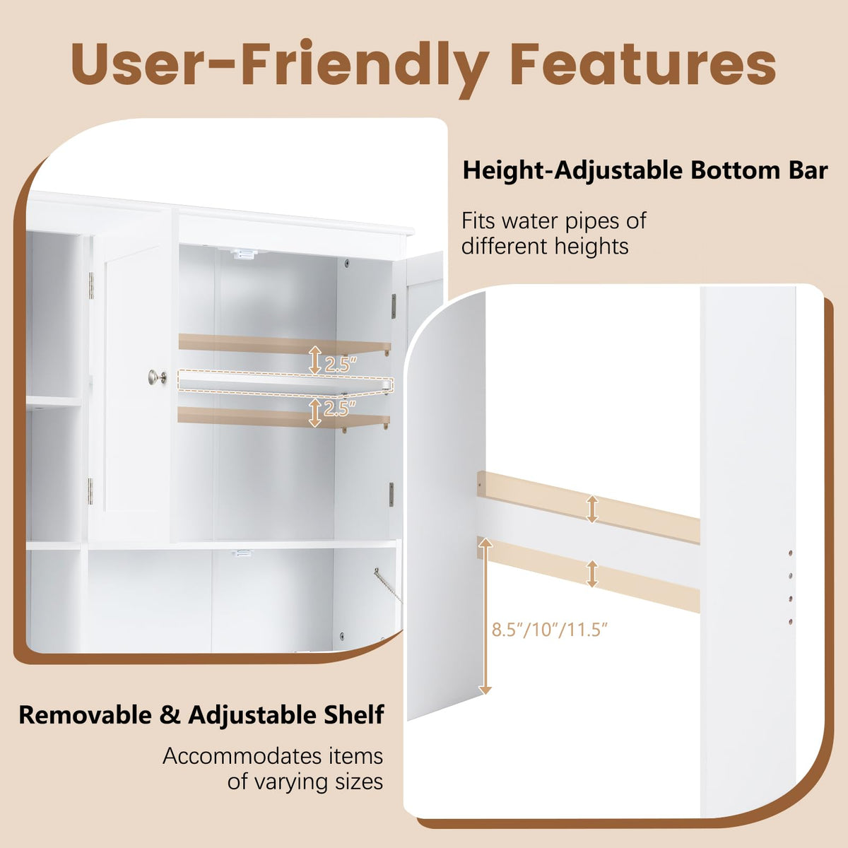 Over The Toilet Storage Cabinet with Doors and Adjustable Shelf, White V859