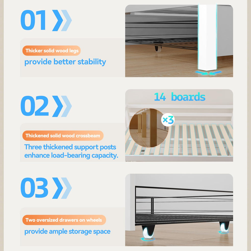 Solid Wood Bunk Bed with Charging Station and LED Lights Twin Over Full with 2 Storage Drawers E276702