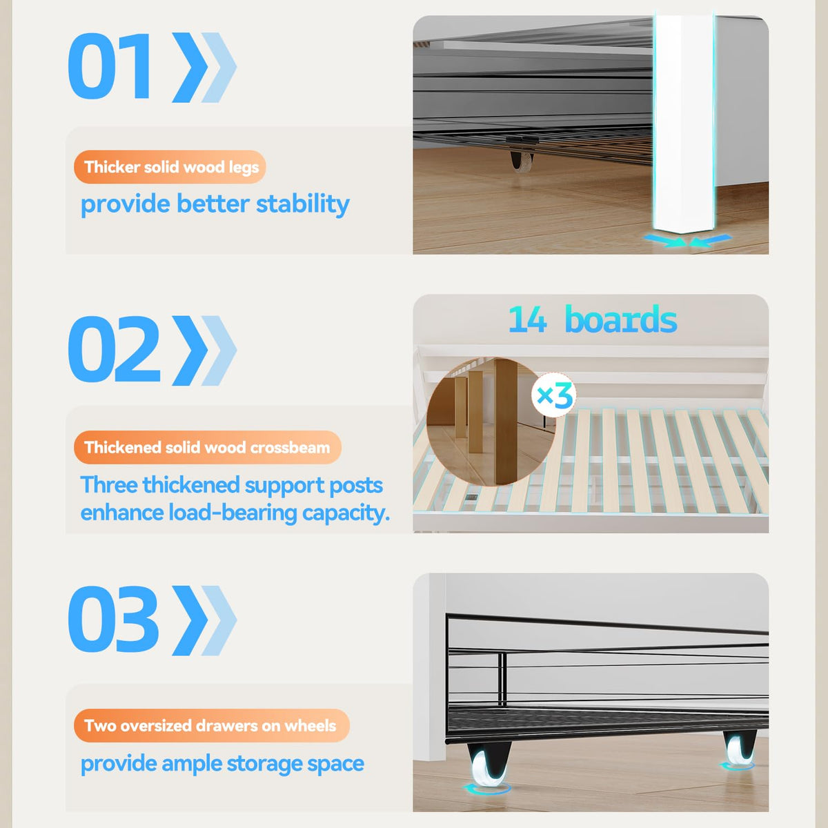 Solid Wood Bunk Bed with Charging Station and LED Lights Twin Over Full with 2 Storage Drawers E276702