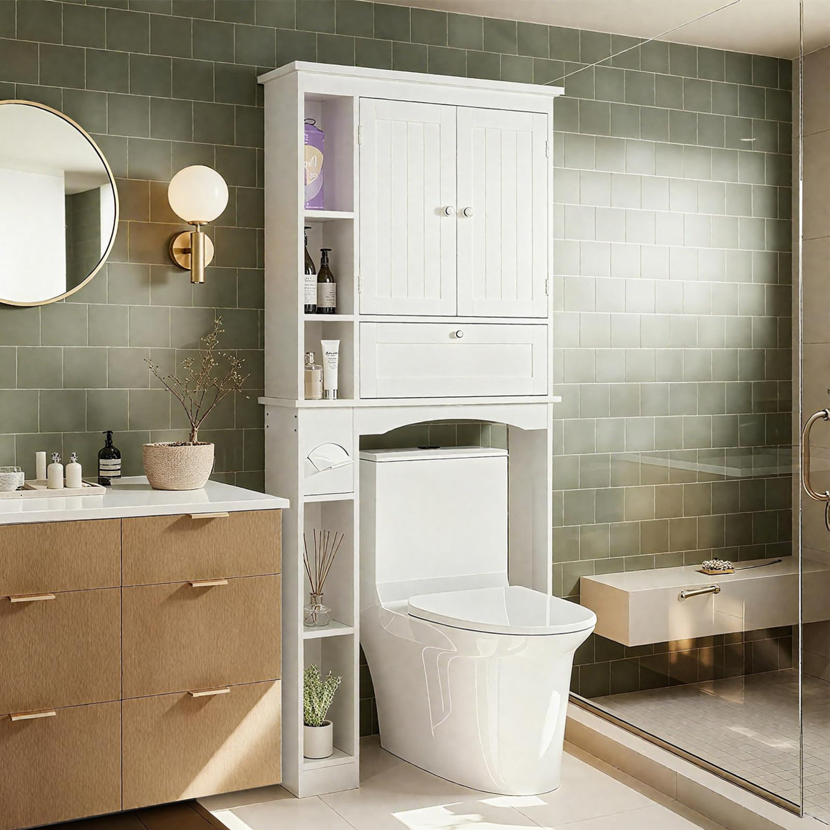 Over The Toilet Storage Cabinet with Doors and Adjustable Shelf, White V859
