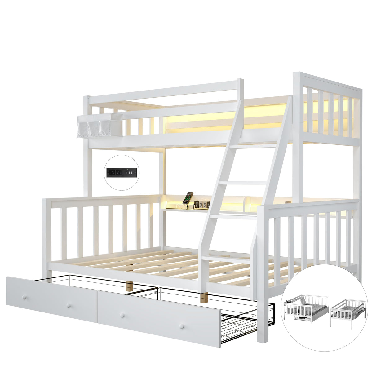 Solid Wood Bunk Bed with Charging Station and LED Lights Twin Over Full with 2 Storage Drawers E276702