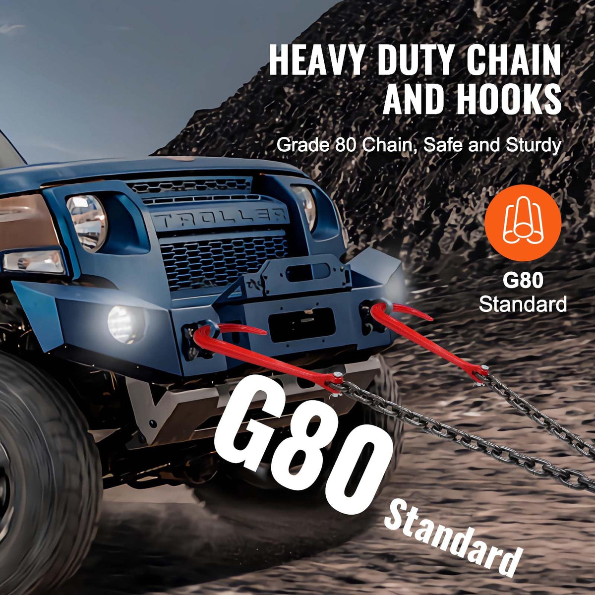 3/8" x 3' G80 V Bridle Towing Chain with J Hooks and Grab Hooks O570934