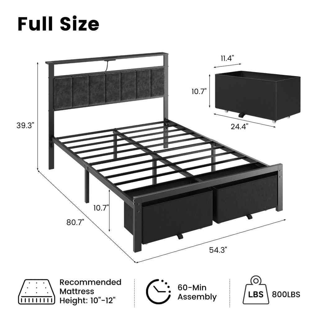 Full Size Bed Frame with Upholstered Headboard and 2 Storage Drawers M4242