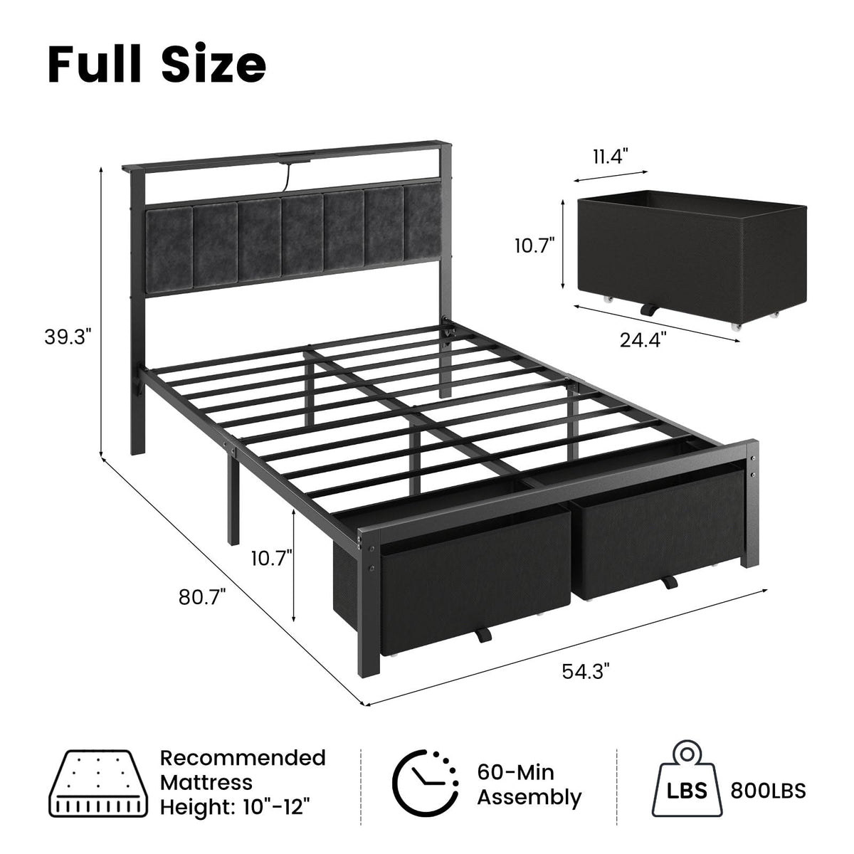 Full Size Bed Frame with Upholstered Headboard and 2 Storage Drawers M4242