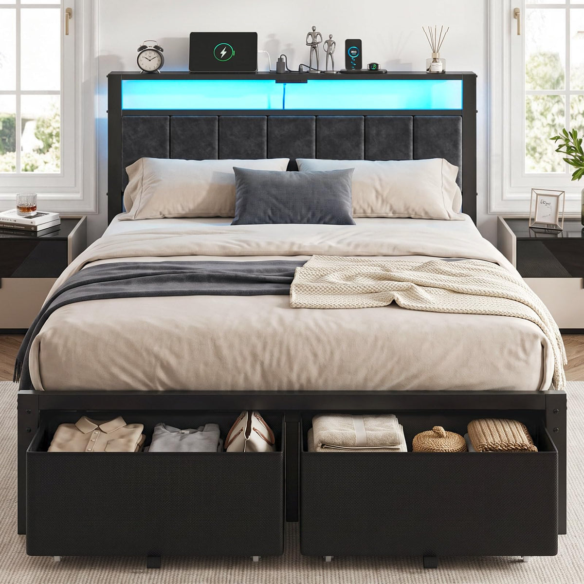 Full Size Bed Frame with Upholstered Headboard and 2 Storage Drawers M4242