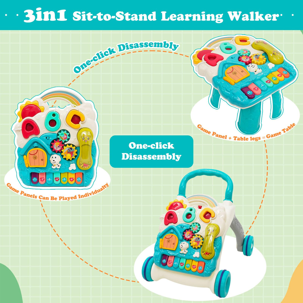 3 in 1 Baby Walker with Sounds Music Play Panel E109693