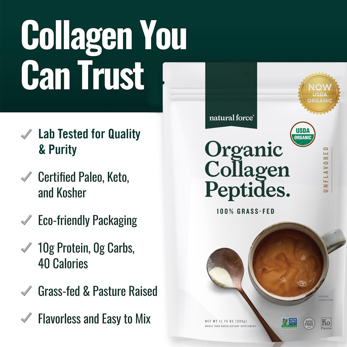 Organic Hydrolyzed Collagen Peptides Powder Unflavored 10.7oz R220