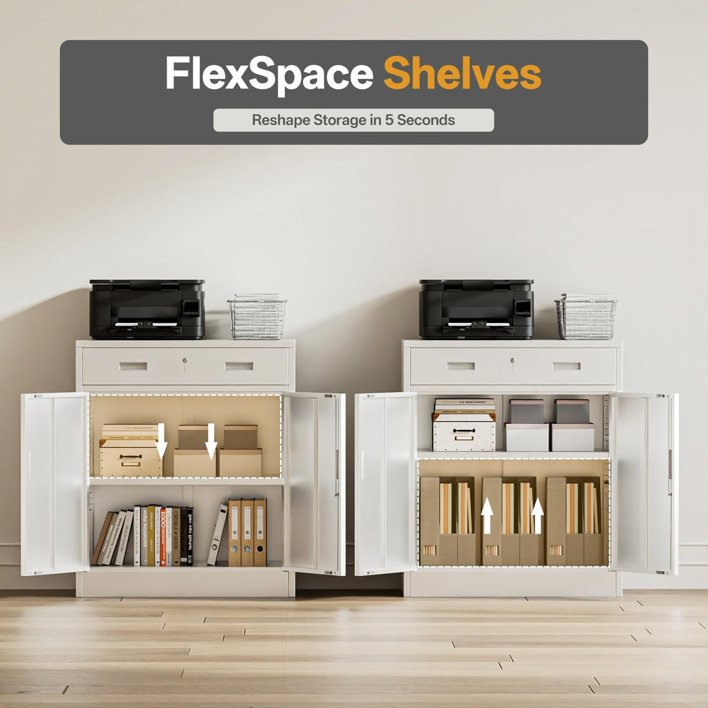 White Steel Lockable Storage Cabinet with Drawer and Adjustable Shelves A59060