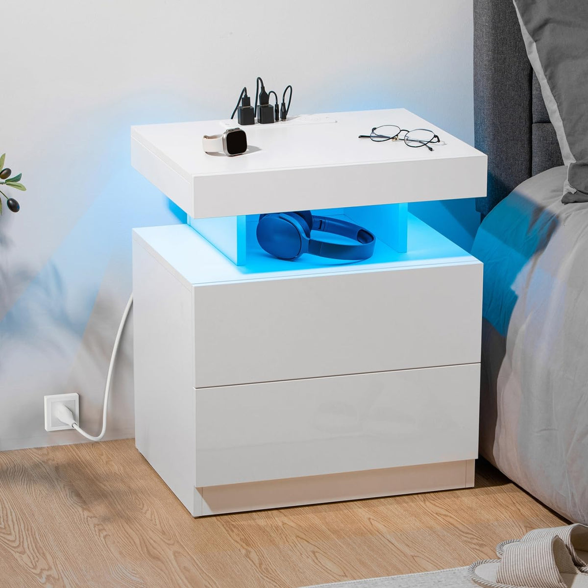 White High Gloss 2 Drawer Nightstand with LED Light H479
