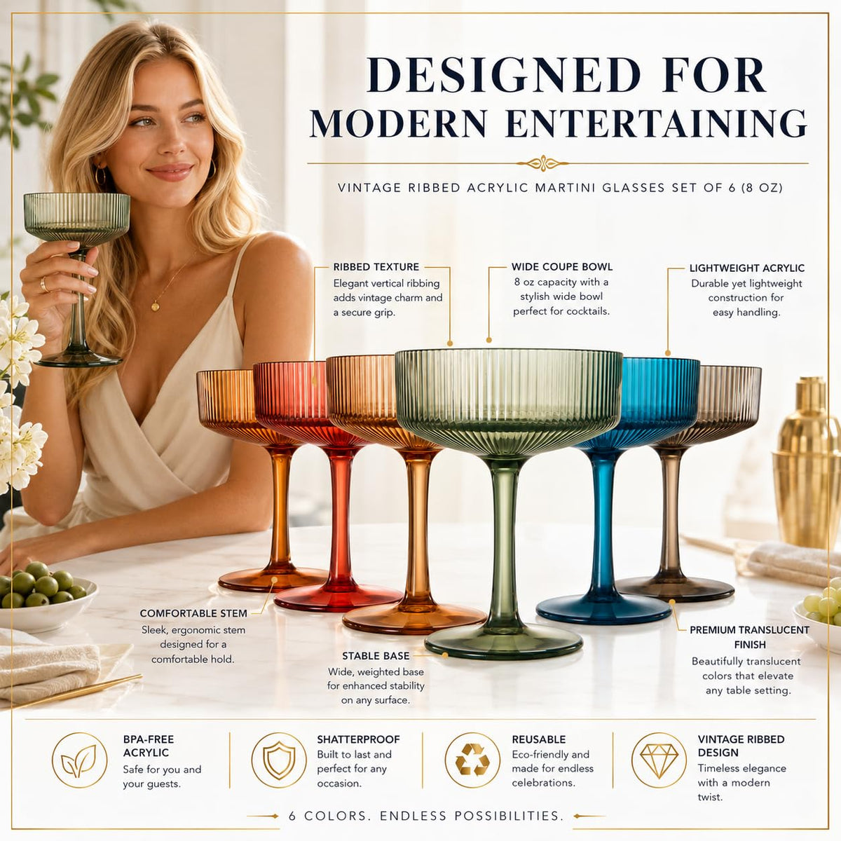 Ribbed Acrylic Martini Glasses Set of 6 F617