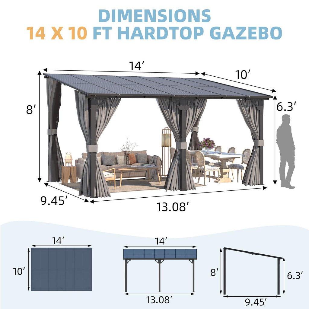 14' x 10' Hard Top Lean to Gazebo with Curtains and Mosquito Netting S1295