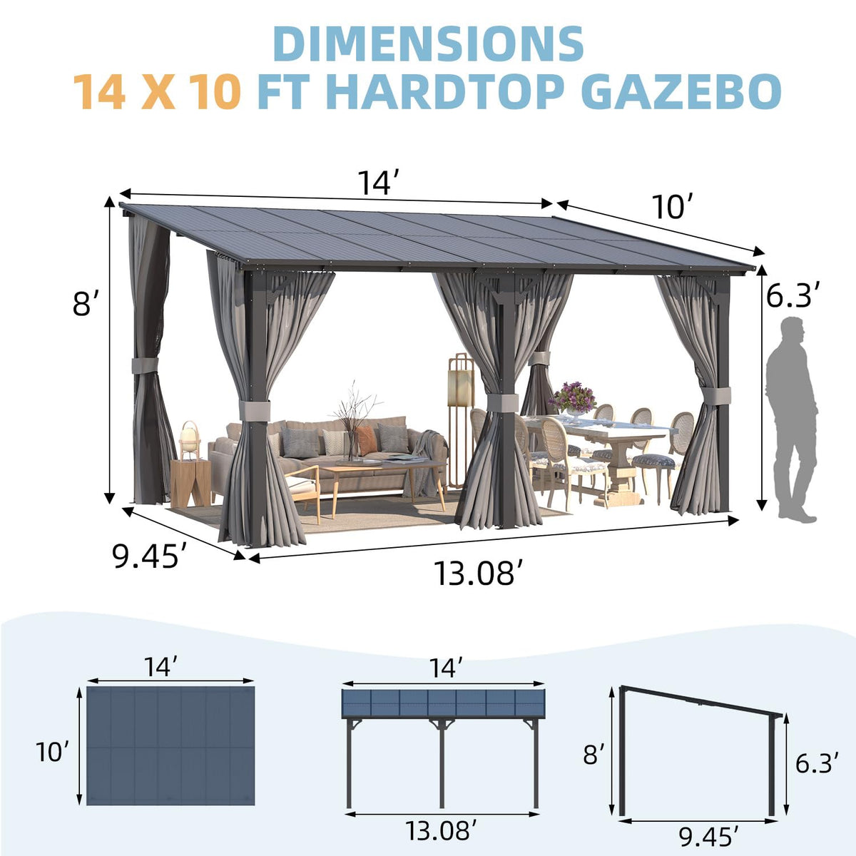 14' x 10' Hard Top Lean to Gazebo with Curtains and Mosquito Netting S1295