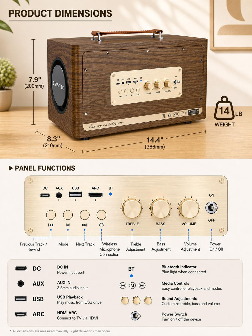 Portable Bluetooth Speaker 240W Peak Power Wooden Audio System B695