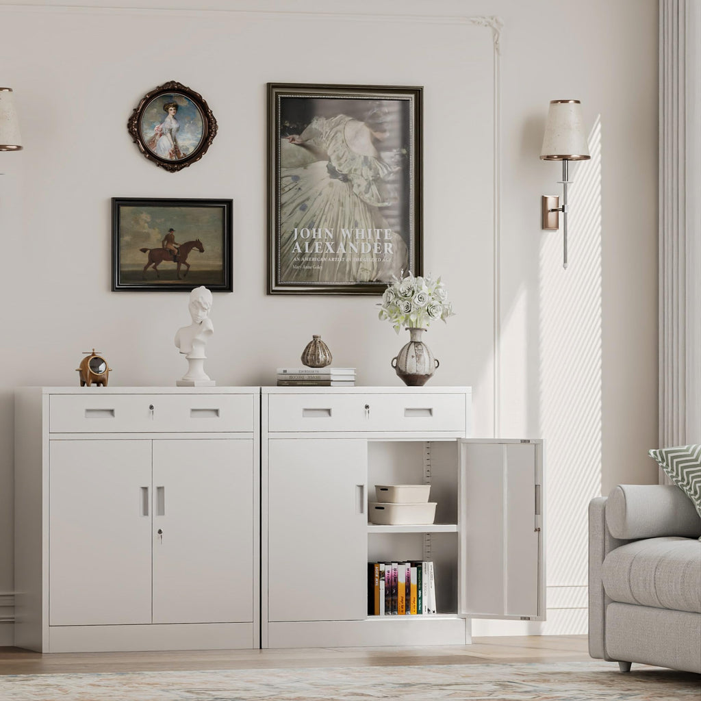 White Steel Lockable Storage Cabinet with Drawer and Adjustable Shelves A59060