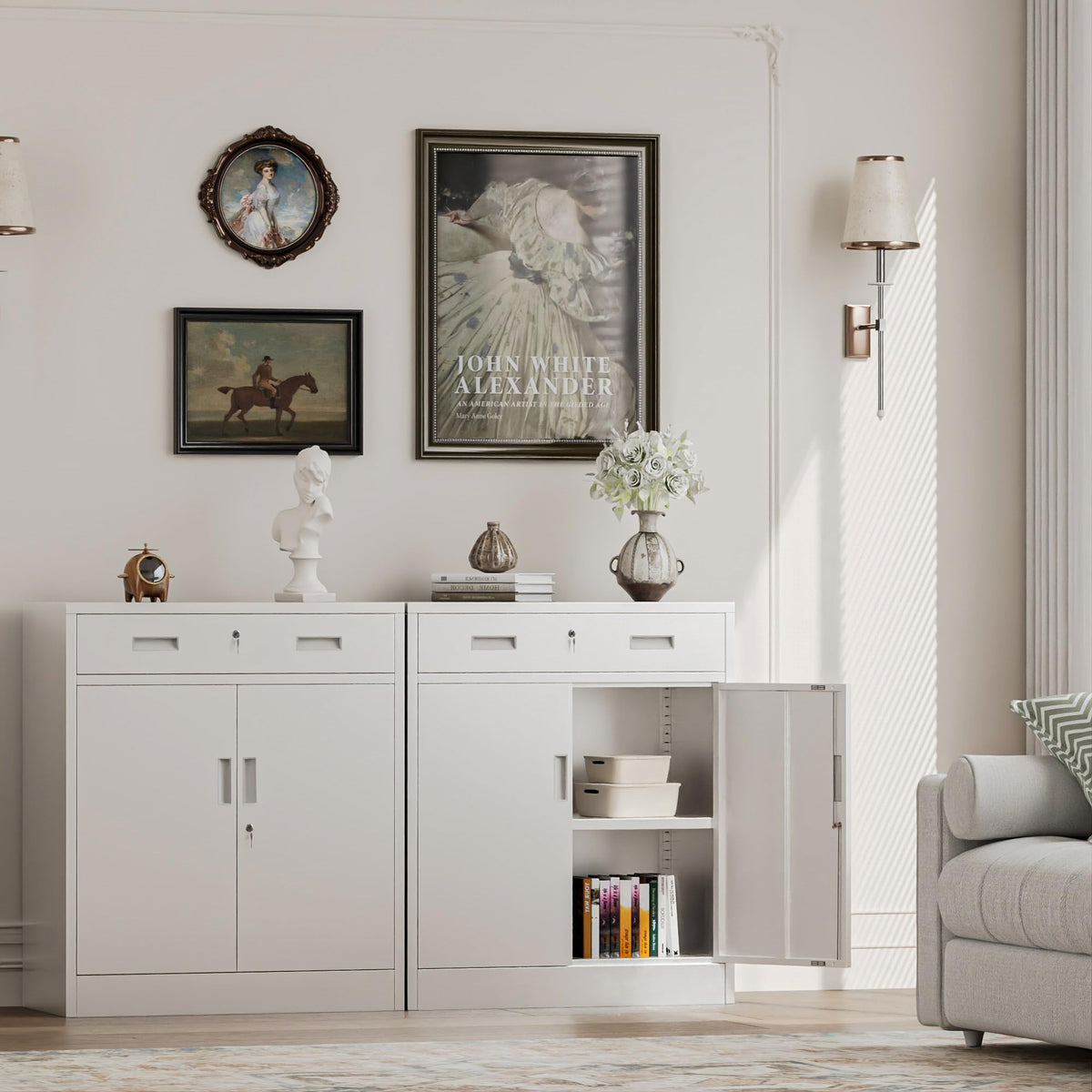 White Steel Lockable Storage Cabinet with Drawer and Adjustable Shelves A59060