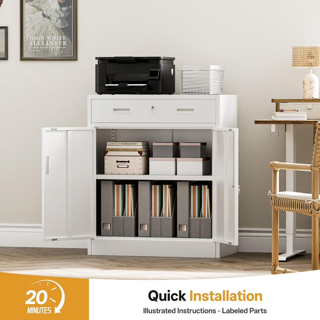 White Steel Lockable Storage Cabinet with Drawer and Adjustable Shelves A59060