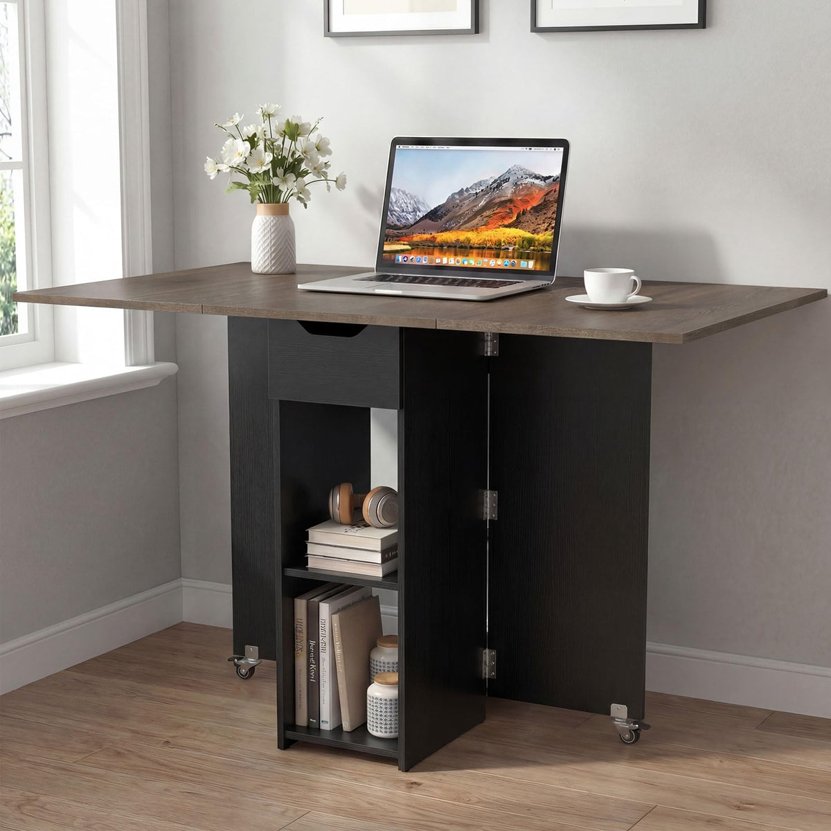 Drop Leaf Dining Table with Open Shelves & Drawer A1743