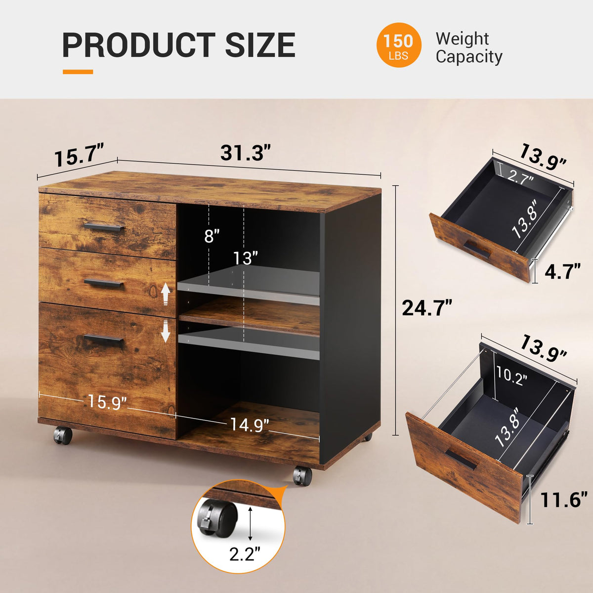 3 Drawer Wood File Cabinet with Storage Shelf K291