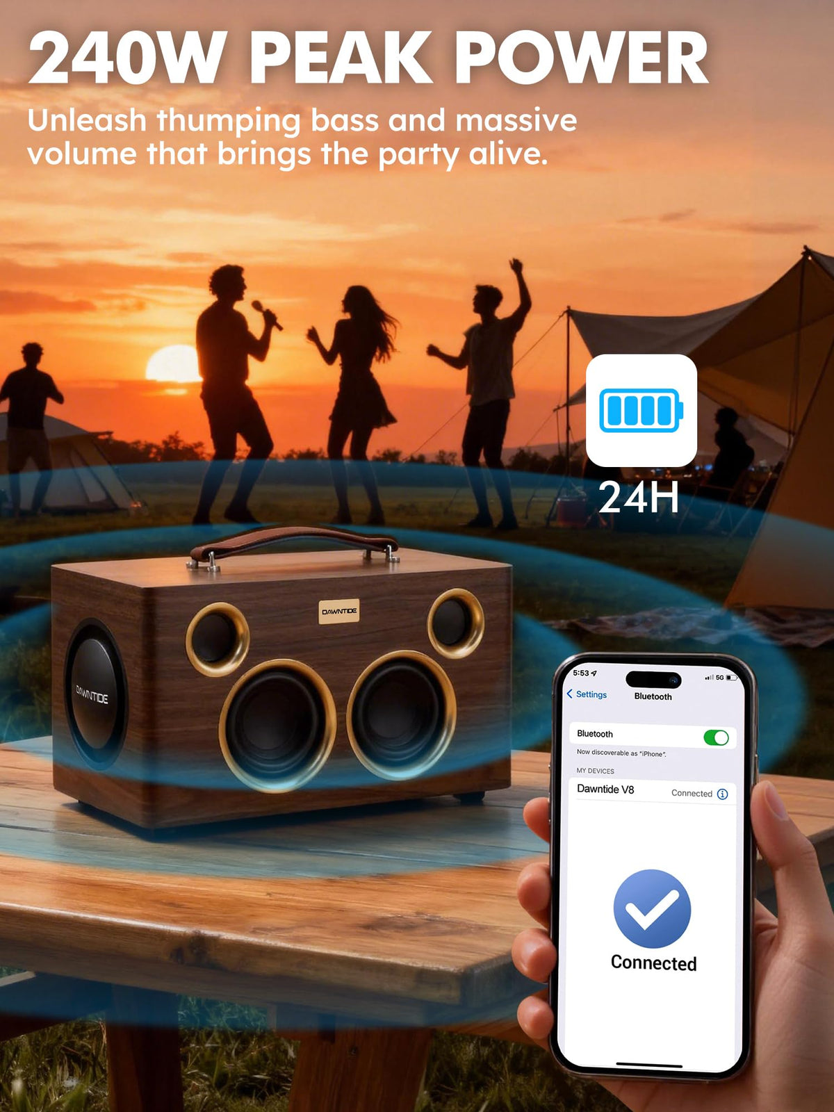 Portable Bluetooth Speaker 240W Peak Power Wooden Audio System B695