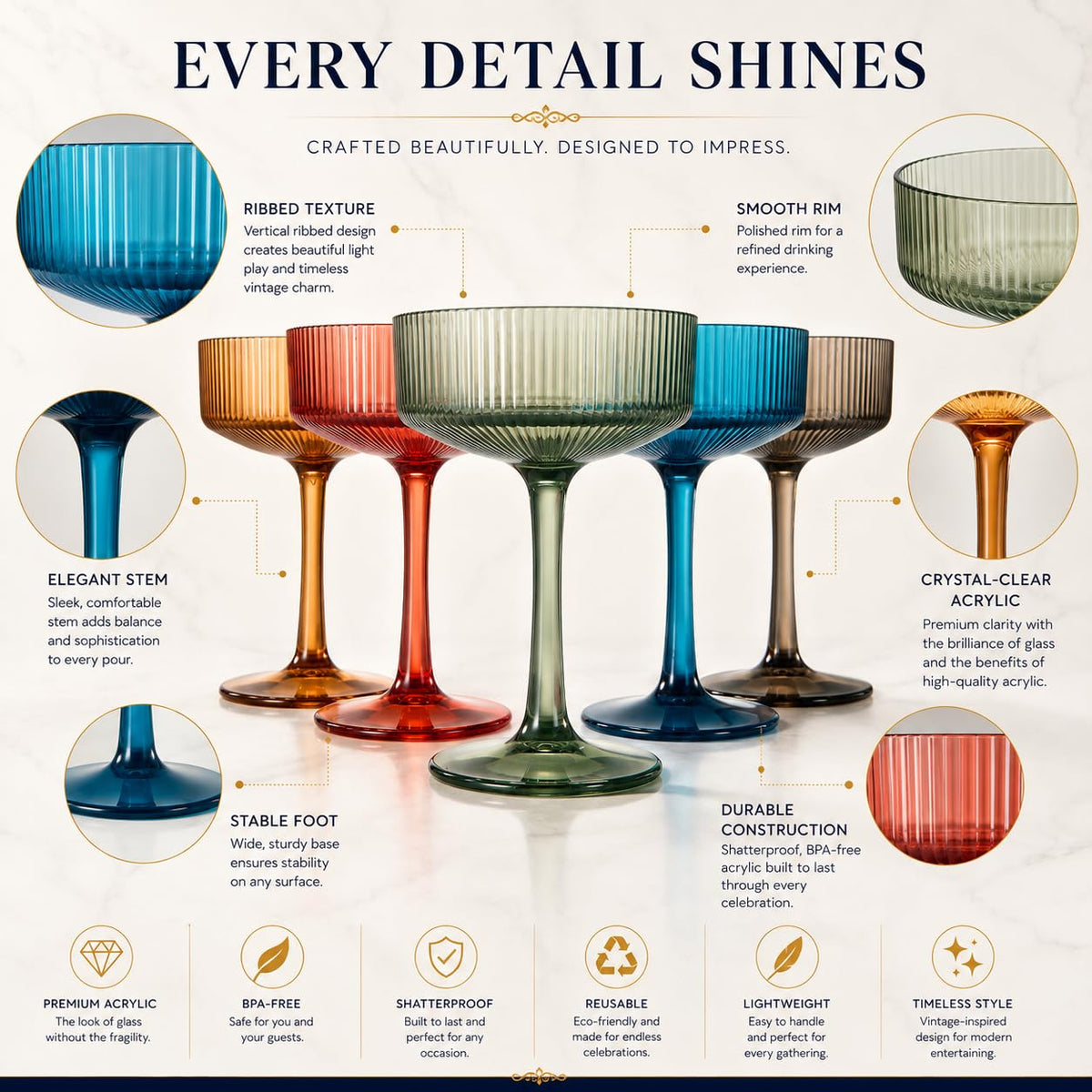Ribbed Acrylic Martini Glasses Set of 6 F617