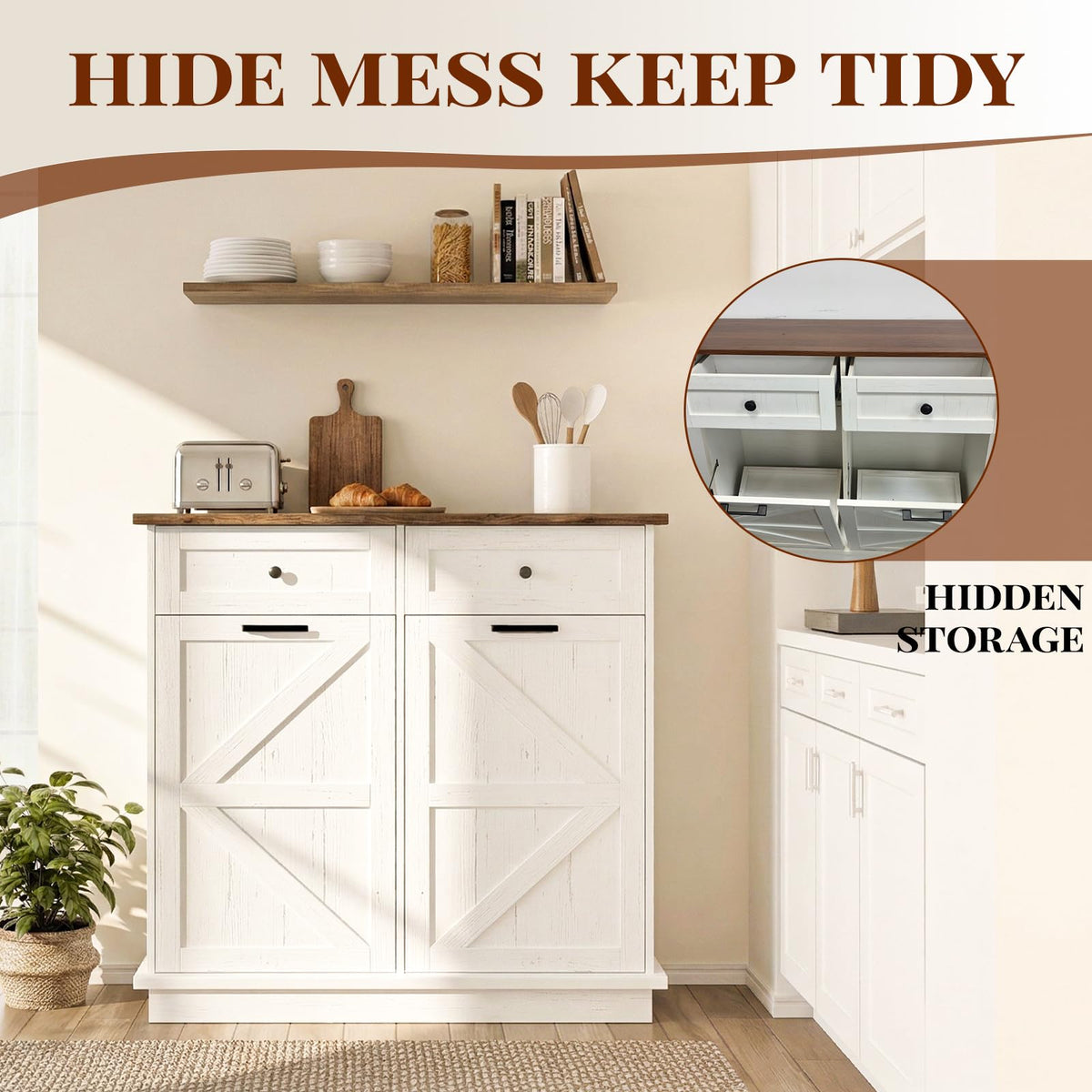 Brown White Double Tilt Out Trash Cabinet with Drawers L4795