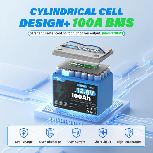 12V 100Ah LiFePO4 Lithium Battery, 15000 Cycles, 100A BMS B42119