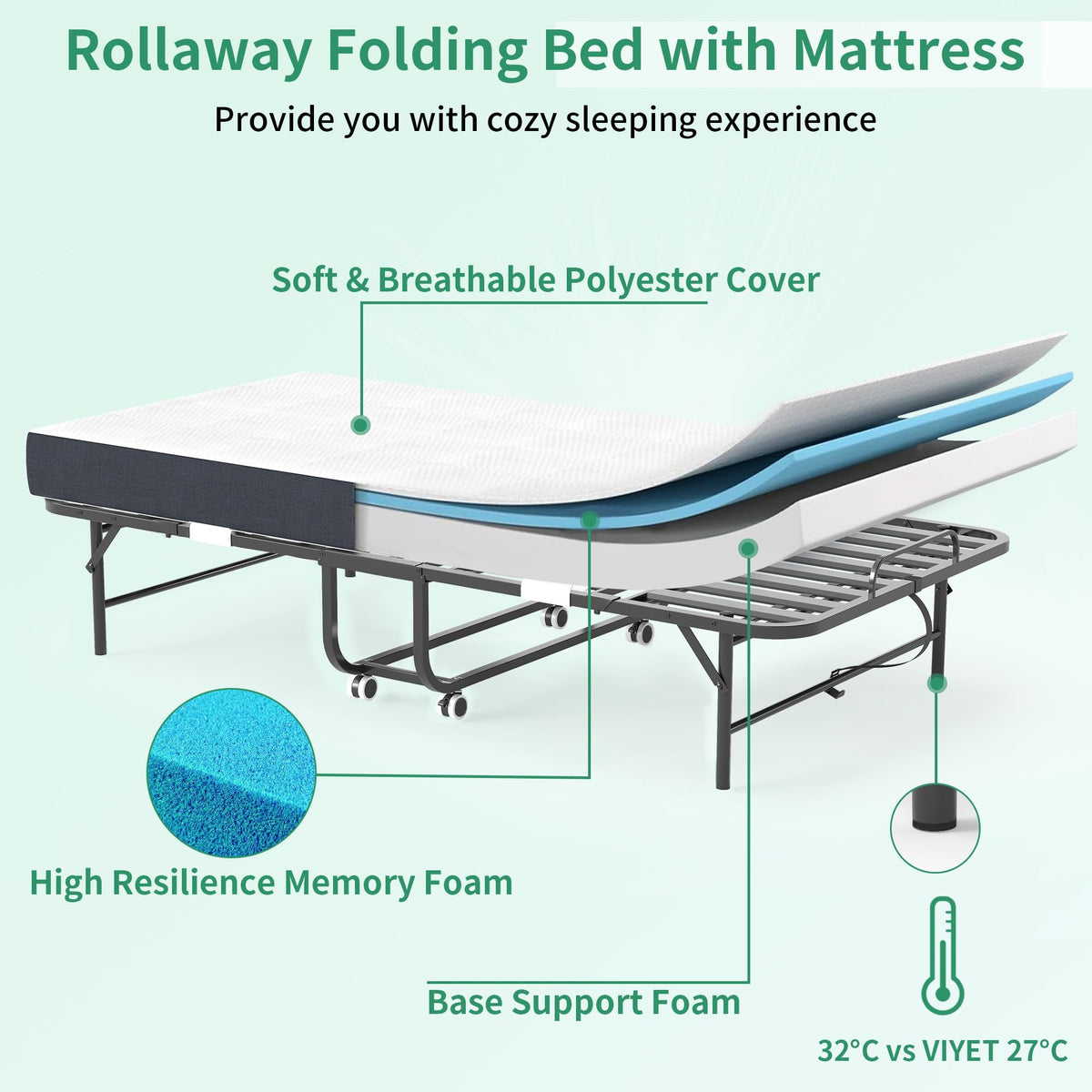 Folding Bed with Mattress, 5-Inch Memory Foam, 500lbs Capacity, Metal Frame G13973