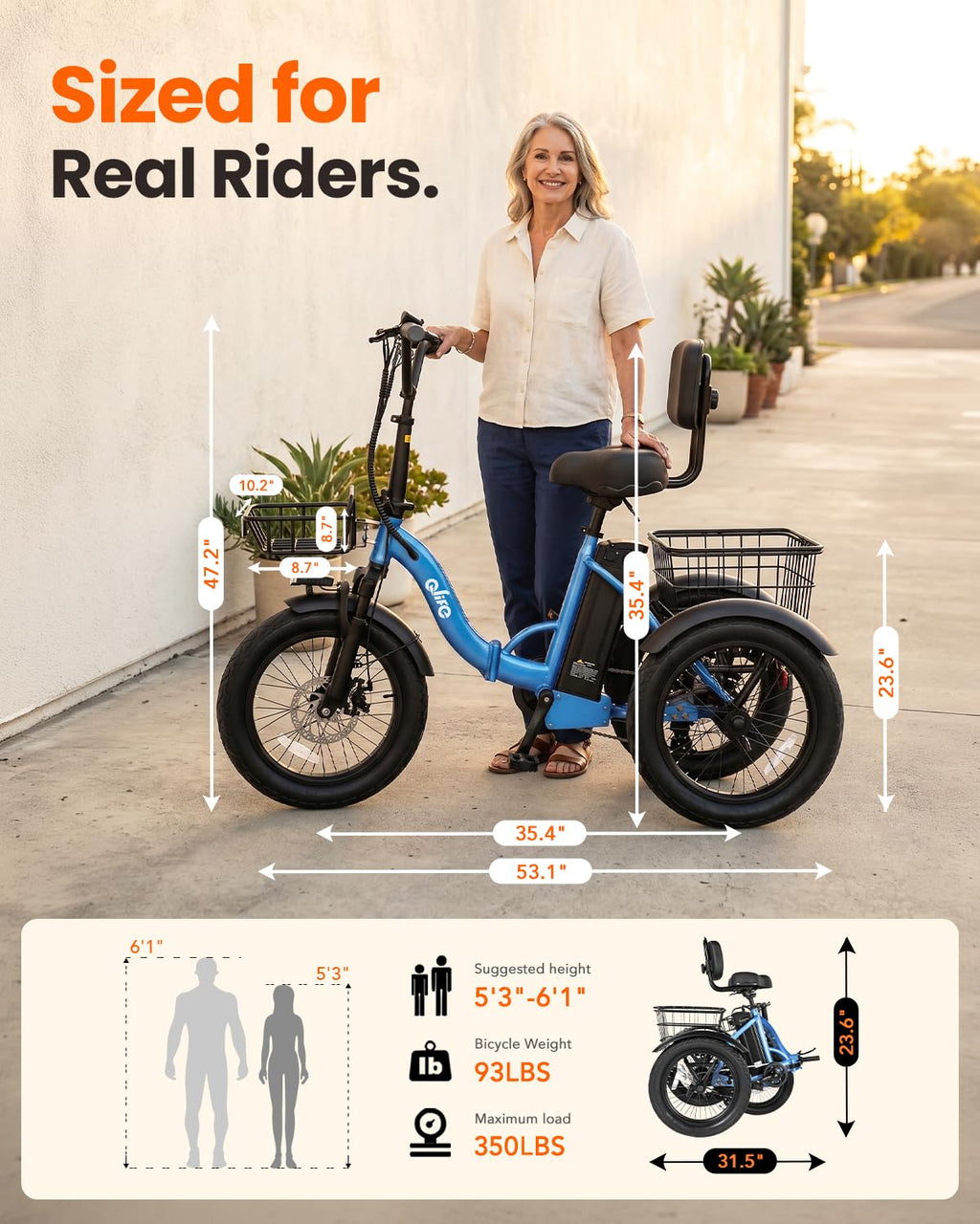 1200W Folding Electric Trike with Cargo Rack V434