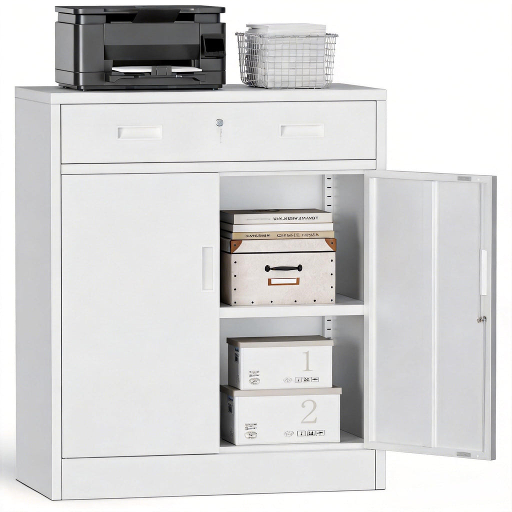 White Steel Lockable Storage Cabinet with Drawer and Adjustable Shelves A59060