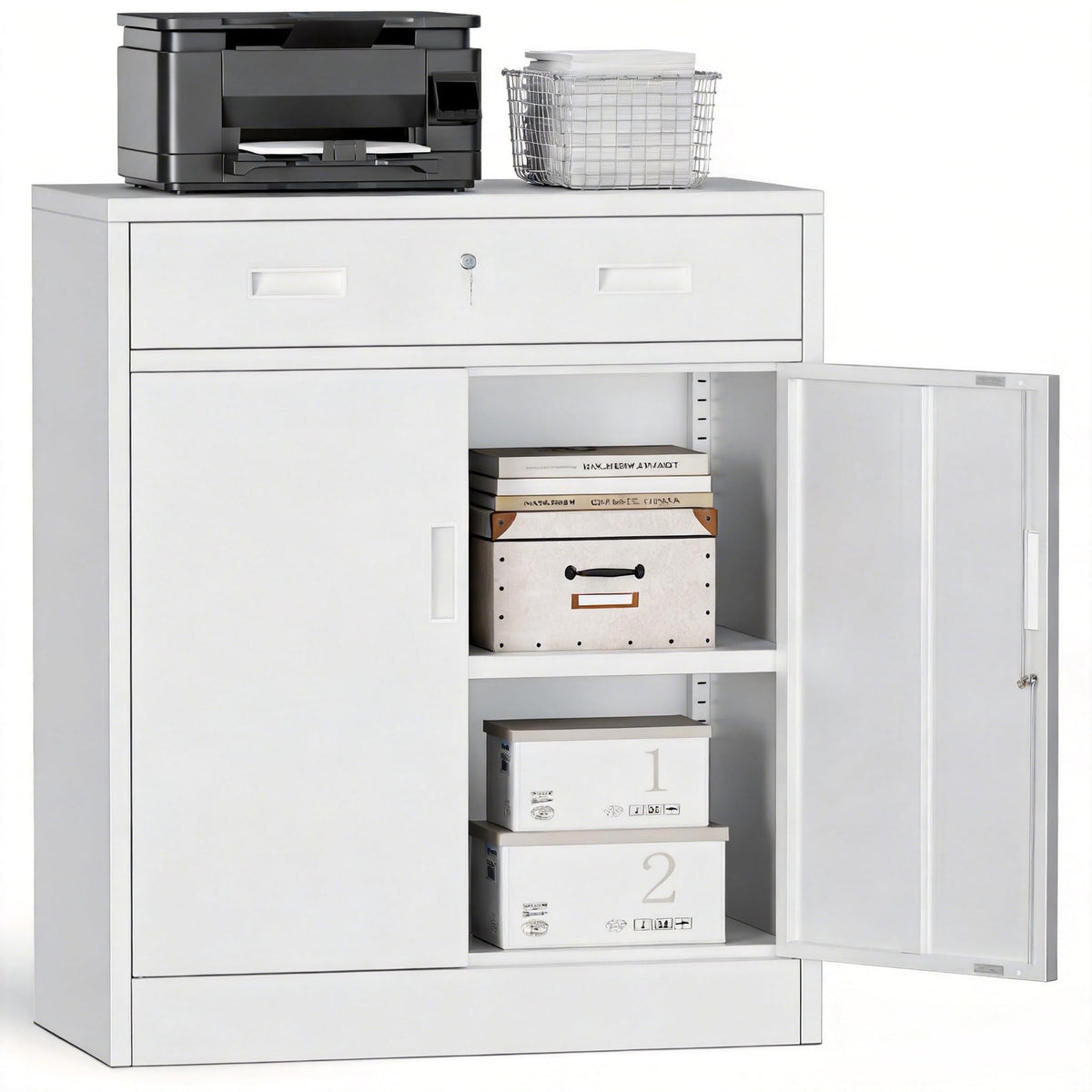 White Steel Lockable Storage Cabinet with Drawer and Adjustable Shelves A59060