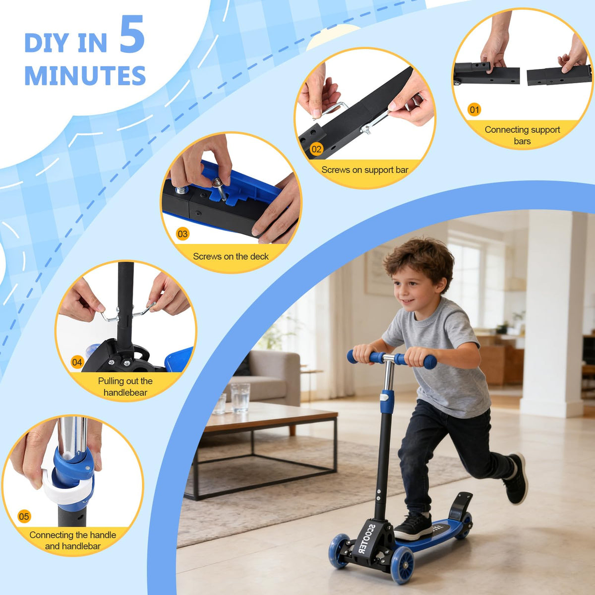Foldable Metal 3 Wheel Scooter with Adjustable Heights Q255927