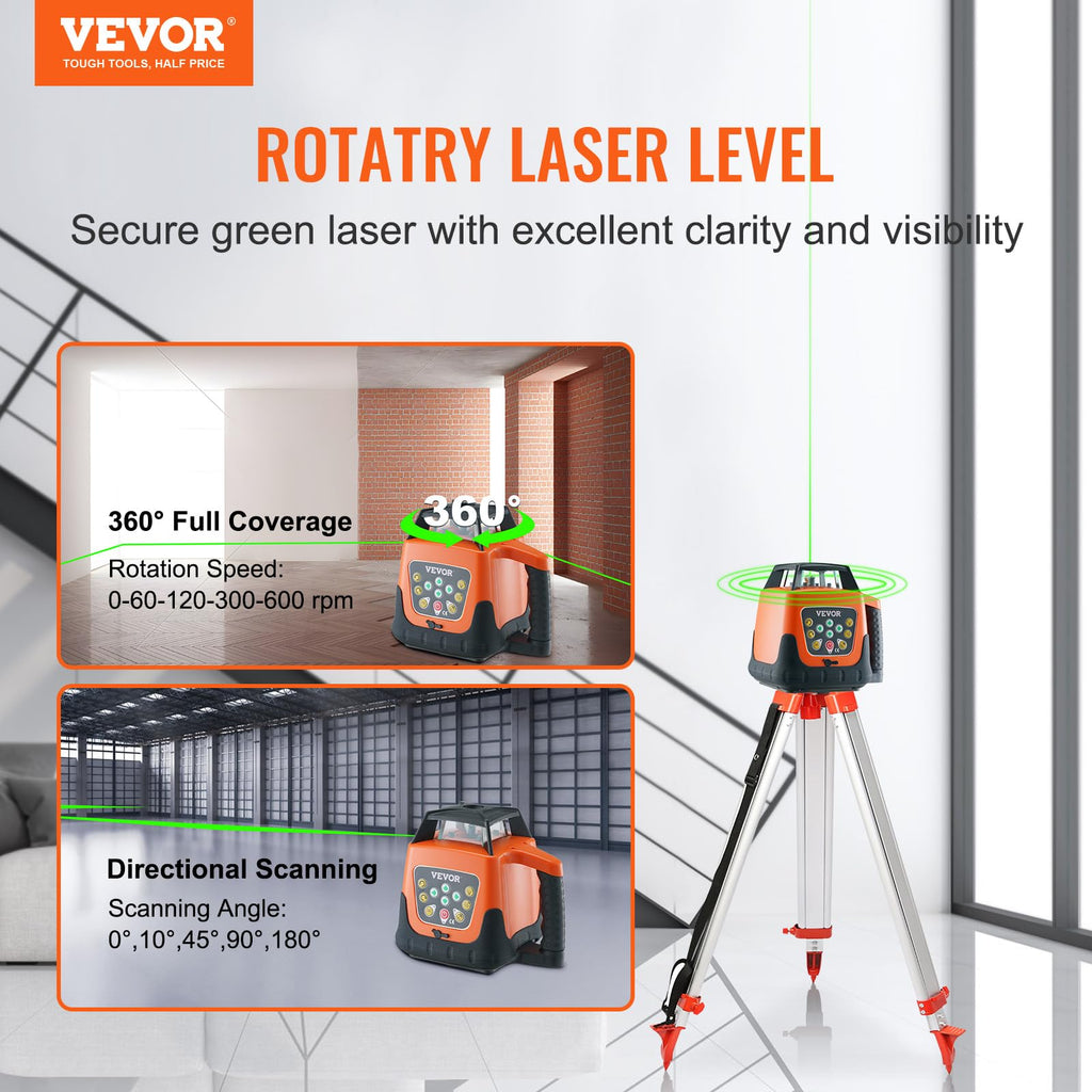 Green 360 Degree Self Leveling Rotary Laser Level Kit with Tripod & Staff I92576