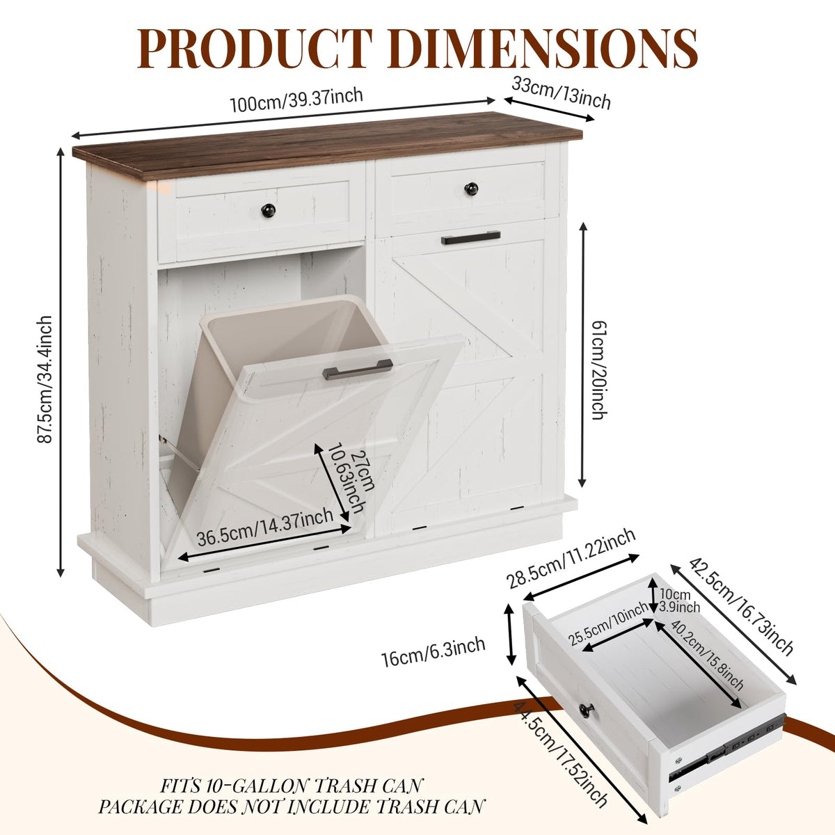 Brown White Double Tilt Out Trash Cabinet with Drawers L4795