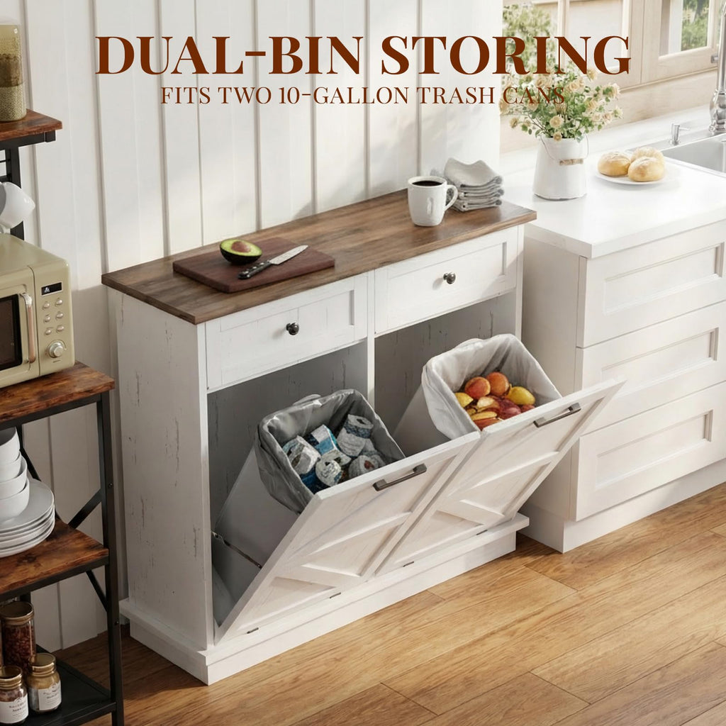 Brown White Double Tilt Out Trash Cabinet with Drawers L4795