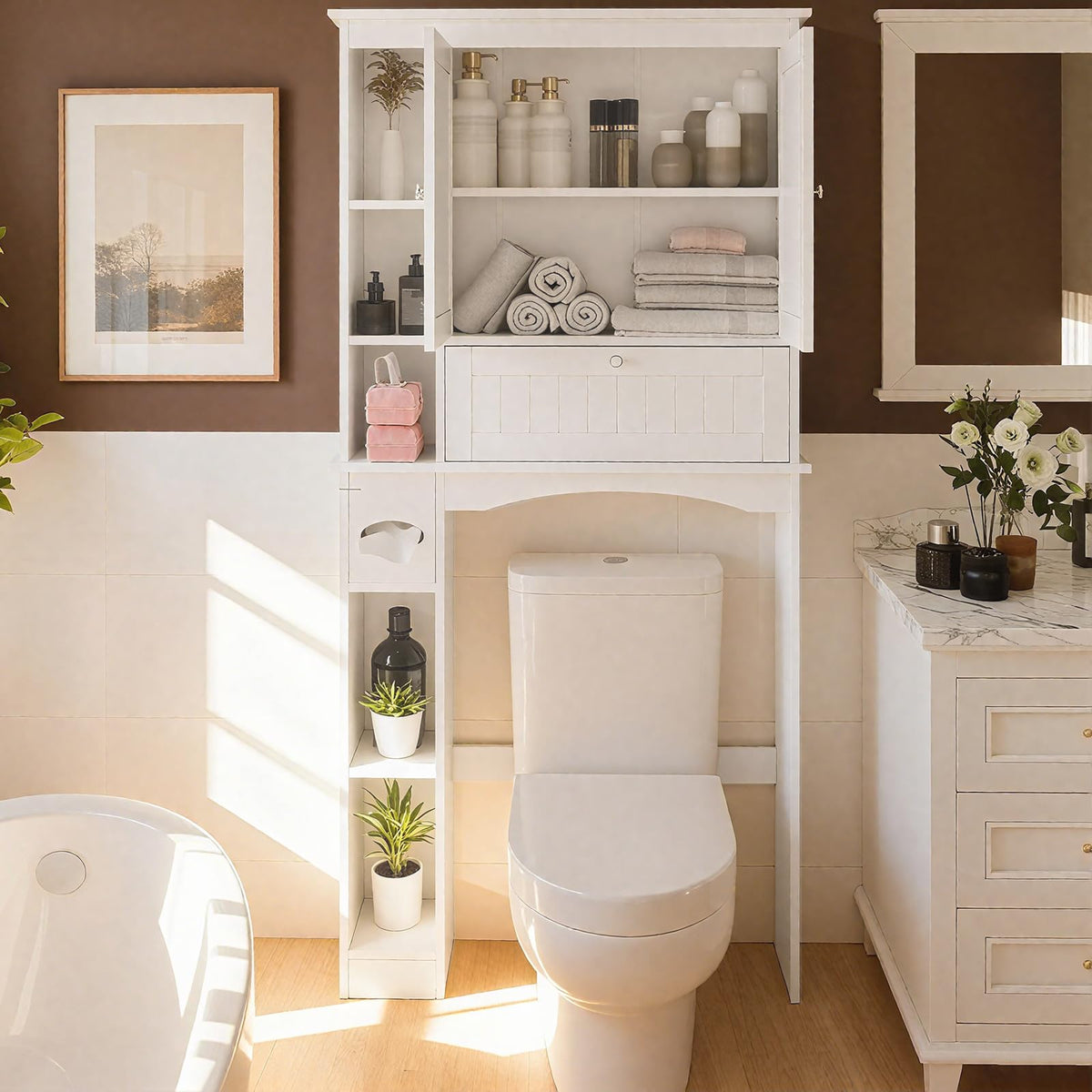 Over The Toilet Storage Cabinet with Doors and Adjustable Shelf, White V859