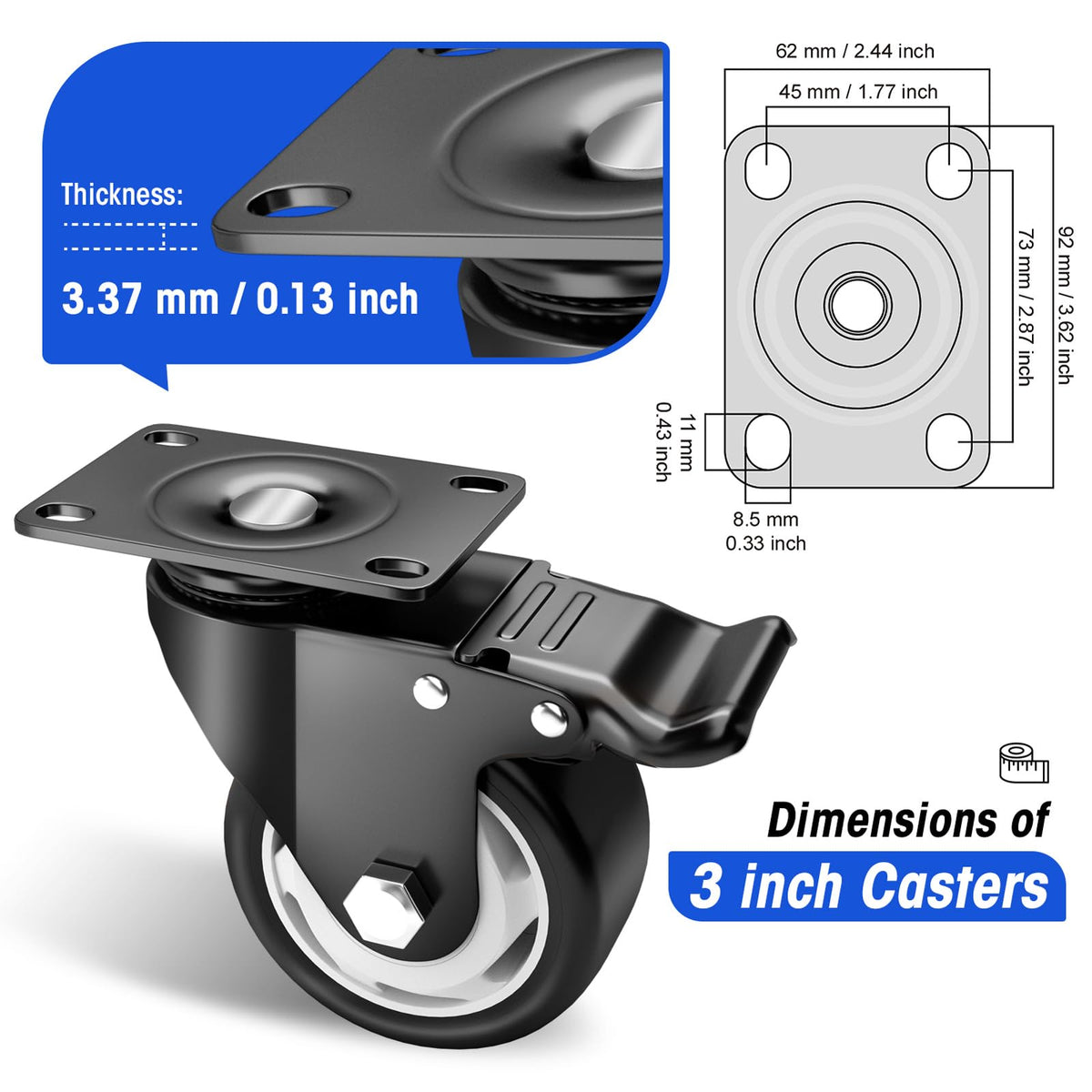 3 Inch Swivel Casters Set of 4 with Brake H646138