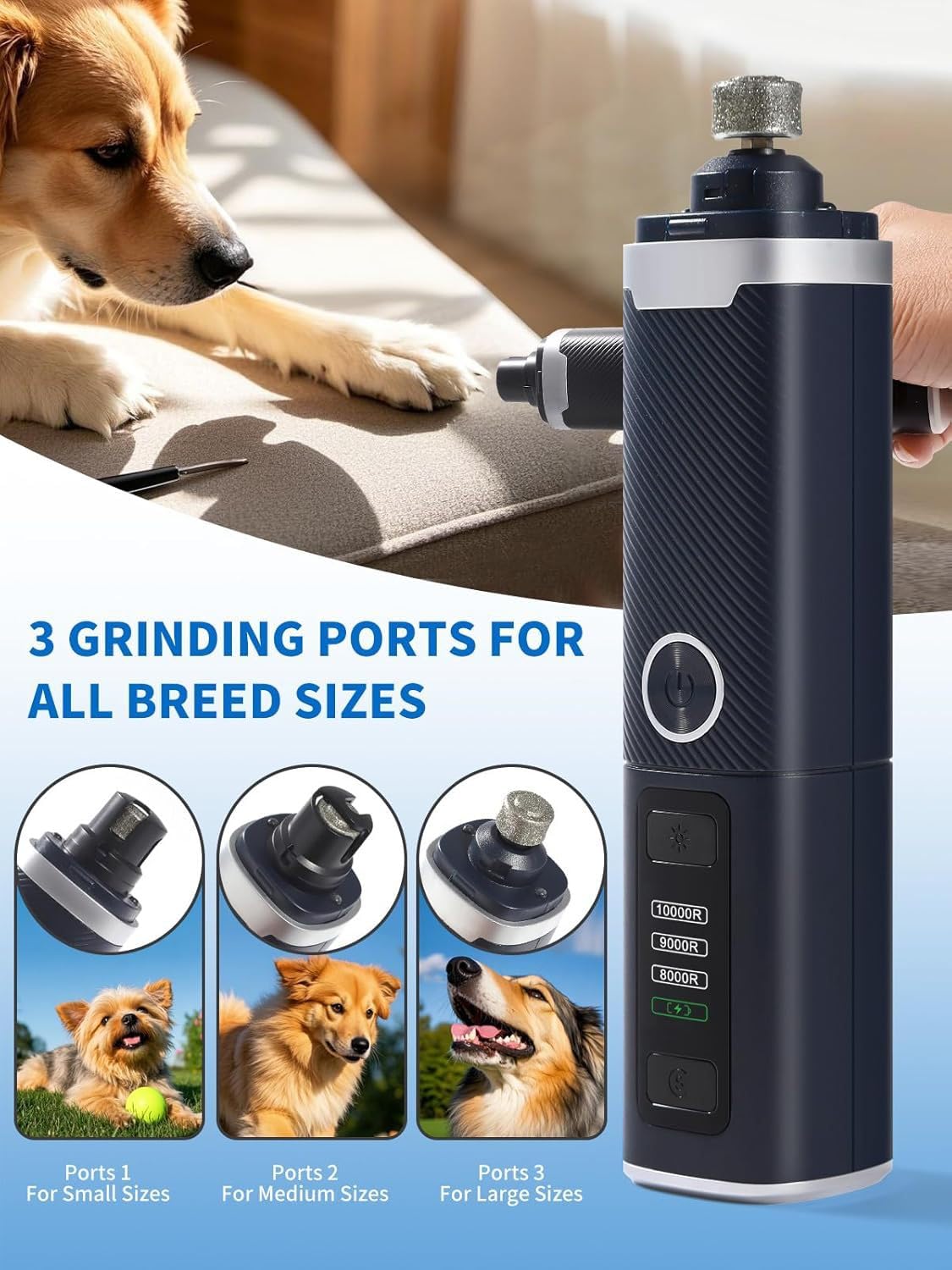 3 Speed Silent Rechargeable Pet Nail Grinder with 2 LED Lights I7484